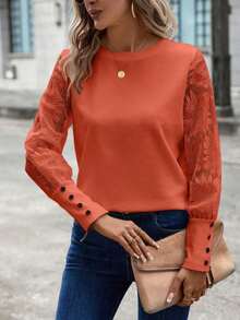 Blusa de mujer con mangas de encaje floral, parches y tejido de gofre, color blanco - Granada - Ver 3