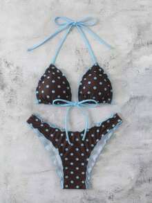 Conjunto de bikini de dos piezas con estampado de lunares, camiseta con lazo sexy y traje de baño para vacaciones en la playa para mujer - Multicolor 2 - Ver 8