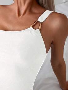 Traje de baño de una pieza con escote asimétrico y decoración de anillo de metal de unicolor para mujer - Blanco - Ver 6