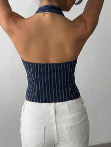 delgado de mujer de algodón con rayas, cuello alto y abotonadura sencilla, para otoño/invierno - Azul marino - Ver 2