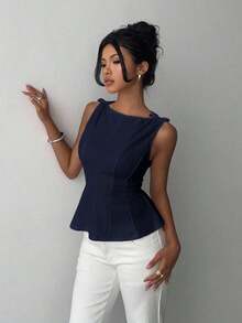 sin mangas elegante para ir a la oficina, diseño minimalista, casual de negocios para mujer, ropa de oficina, salir, para maestras, blusa casual para mujer, blusa social para mujer - Azul marino - Ver 8