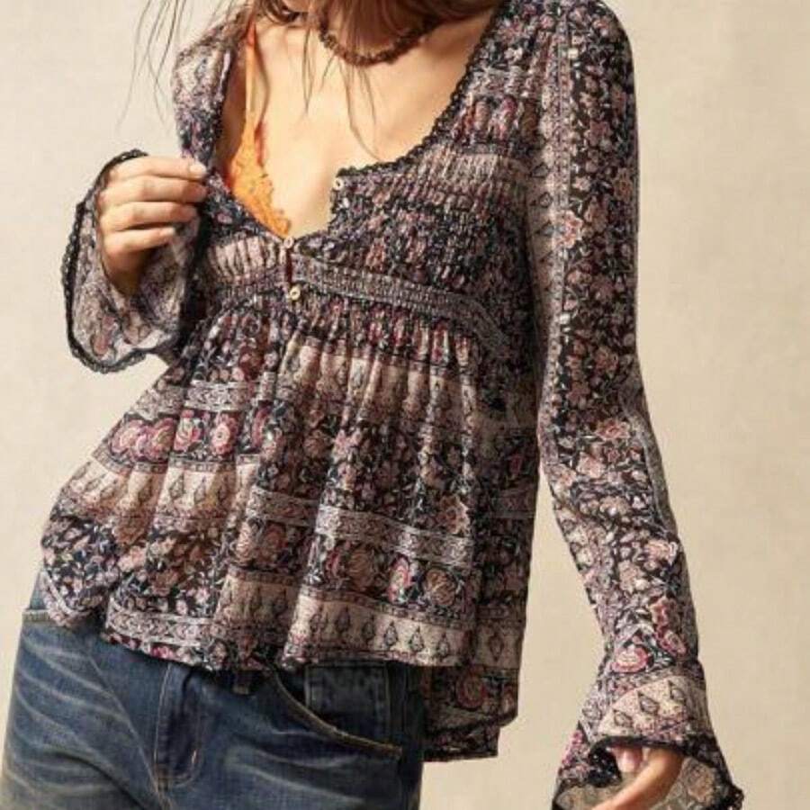 BohoFeels Easter Musical Festival BOHO Woven Printed Flare Long Sleeve Loose Women Shirt - Negro - Ver 1