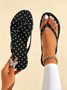 Women's Flip Flops, Black & White Polka Dot Summer Sandals, Women's Flat Sandals, Casual Resort Fashion Black Slippers, Outdoor Resort Thong Sandals, Toe Post Beach Sandals, Women Slippers - Black - View 13