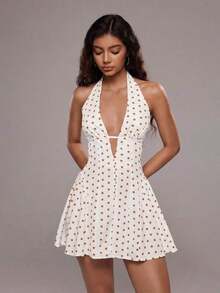 Vestido corto de verano con escote halter y espalda descubierta, con estampado de lunares sexy para mujer - Amarillo - Ver 6