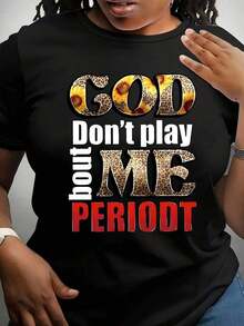 Plus Size - Black Plus Size T-Shirt With The Phrase "God Don't Play Me Period" | Eye-Catching And Colorful Print, Casual Crew Neck, Short Sleeves, All-Season Top, Sizes 0X-5XL, Casual Wear. | Stretchy Fabric, Geometric Pattern - 白色 - 查看 6