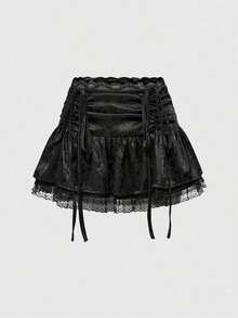 Goth Minifalda estilo gótico de satén con jacquard, cintura plisada con terminación de encaje, incluye ropa interior para mujer - Verde Oscuro - Ver 5