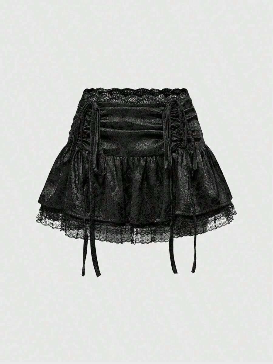 Goth Minifalda estilo gótico de satén con jacquard, cintura plisada con terminación de encaje, incluye ropa interior para mujer - Negro - Ver 1