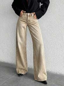 Jeans de mezclilla casual de cintura alta y pierna ancha lavados para mujeres - Caqui - Ver 6
