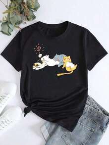 Top de manga corta de las mujeres, impreso con cuatro dibujos animados lindo jersey de impresión camiseta casual, adecuado para la primavera / verano desgastePure-Cotton - Negro - Ver 7