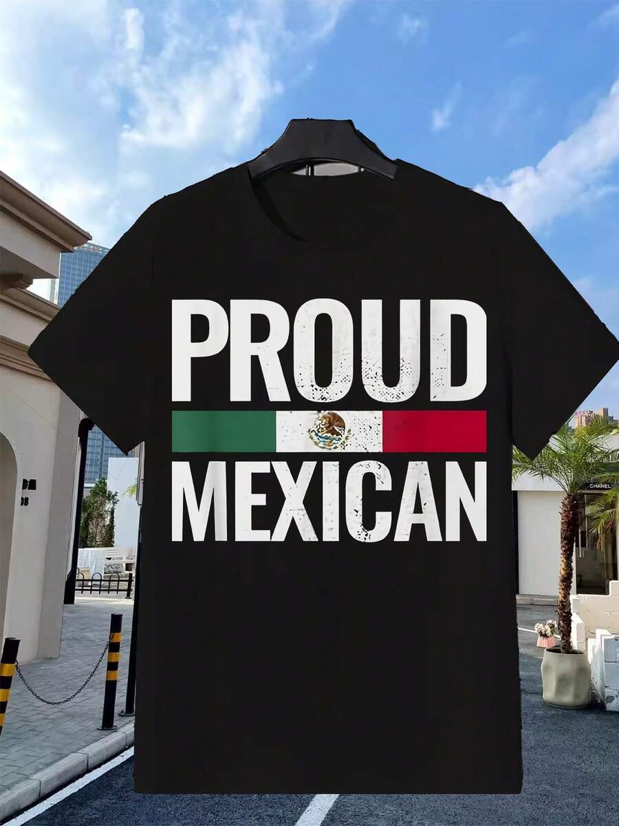 Camiseta elegante con la bandera mexicana en negro, blanco, verde y rojo, adornada con el emblema nacional y texto, perfecta para salidas informales y fiestas. Camiseta de manga corta. - Negro - Ver 1