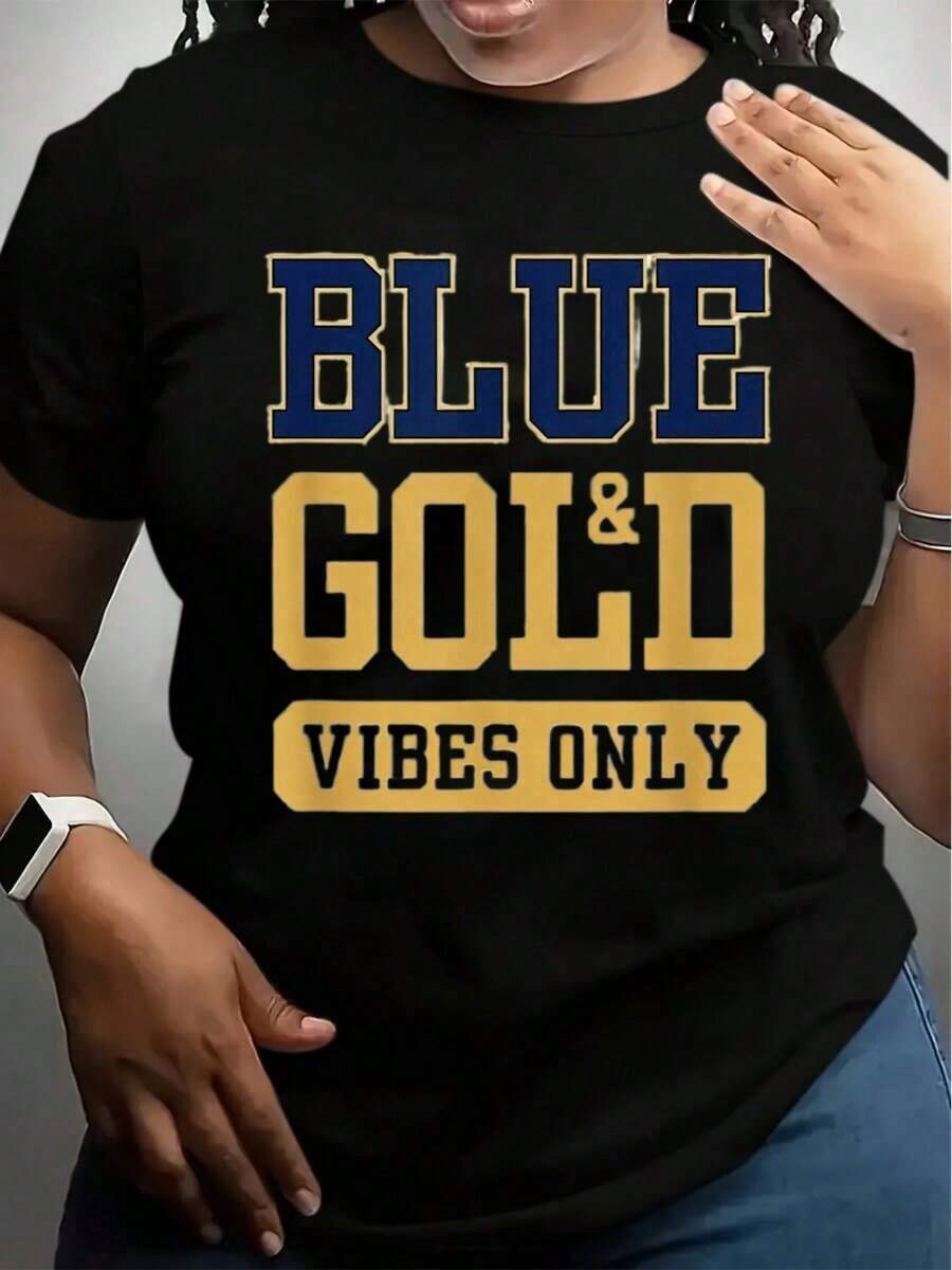 1 White T-Shirt With "Blue And Gold Vibes Only" Print, Casual Wear For School Events And Everyday Events, 180g, 100% Cotton. - 黑色 - 查看 1