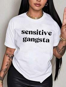 1 pieza Camiseta de Moda para Mujer con Cuello Redondo y Estampado Gráfico, 100% Algodón, Estampado Sensible Gangsta, Regalo Familiar Perfecto, Estilo Deportivo Urbano, Lavable a Máquina, Nuevo Modelo 2026, Mercancía Popular, Entrega Local, 180g 100% Algodón - Blanco - Ver 2