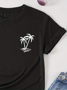 Women's Casual T-Shirt - Short Sleeve, Round Neck, With Plant And Palm Tree Prints, Featuring The Design "Life Is Better On A Boat", Lightweight, Perfect For Spring, Summer And Autumn, Cruise T-Shirt. - 黑色 - 查看 3