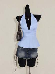 Top de tirantes sin espalda negro tipo babydoll para mujer, diseño de Halloween - Celeste - Ver 10