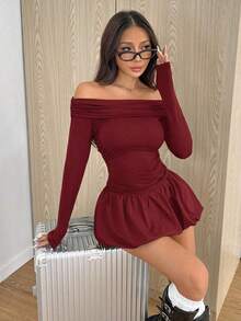 Vestido mini de manga larga de un hombro con volantes en el bajo para mujer, para primavera y otoño - Burdeos - Ver 3