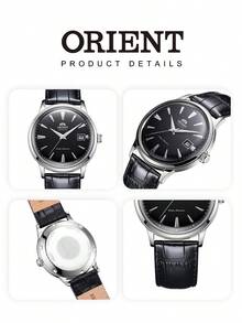 Orient 男士简约自动机械腕表，黑色表盘，日期显示，银色表壳，防水皮表带，商务/办公佩戴 - 黑色 - 查看 6