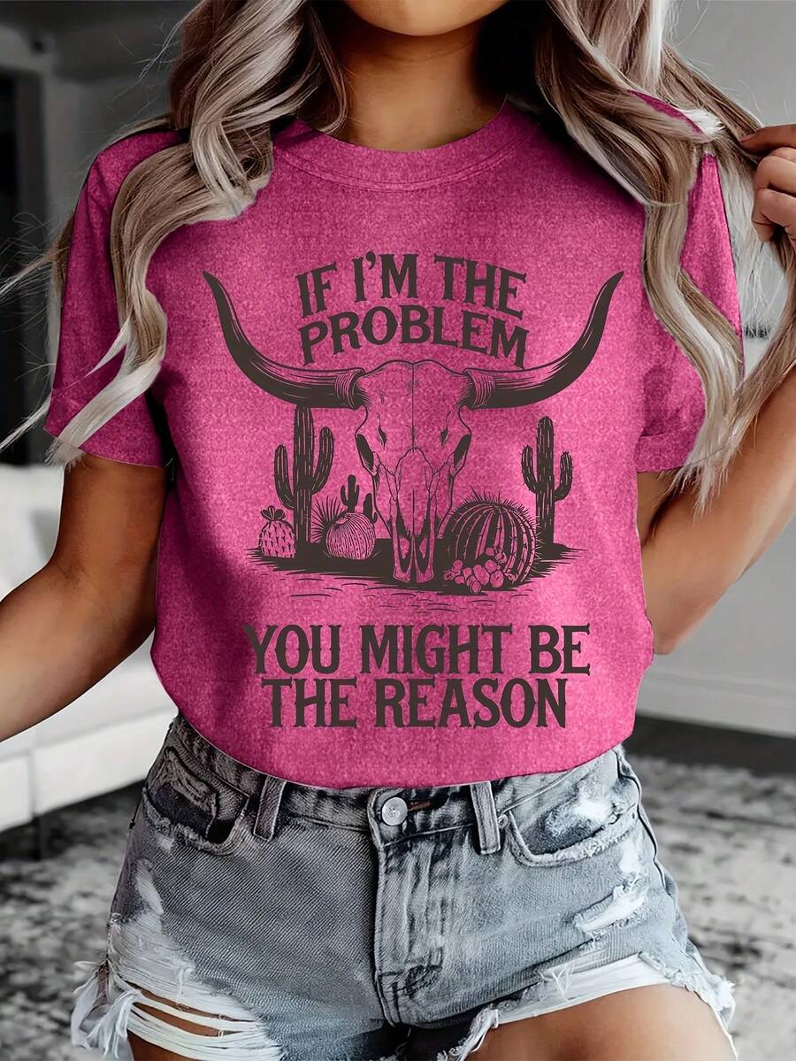 [Casual Summer Fashion] If I Am The Problem, Summer Fashion Presents A Women's Short Sleeve Casual Shirt With Desert Cactus And Bull Head Print - 紅玫瑰 - 查看 1