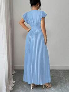 Nuevo vestido maxi elegante de ajuste ceñido para mujeres con cuello en V, mangas con volantes, tejido de unicolor, decoración de metal, diseño plisado, para fiesta de San Valentín, resort, cóctel - Rojo - Ver 10