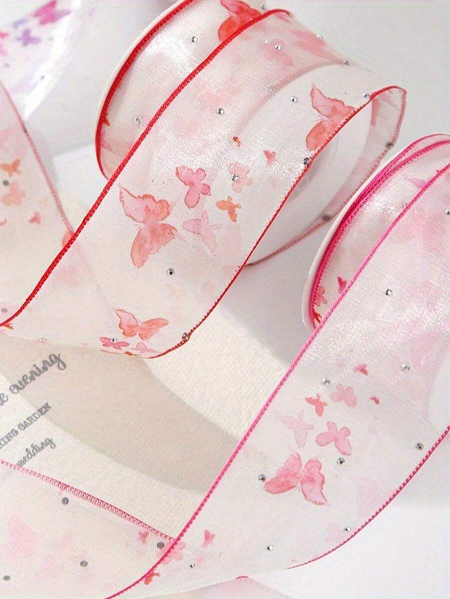 1入蝴蝶印花緞帶，適用於花束包裝、禮物、蛋糕與烘焙包裝，附蝴蝶結，DIY、禮物盒與花束綑綁