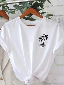 Camiseta gráfica casual juvenil, nueva camiseta de verano con estampado de cocotero, cuello redondo, corte regular, cómoda para entusiastas, camiseta que absorbe la humedad, cómoda para salidas informales, fiestas, playa y actividades al aire libre, ropa casual para todas las estaciones. - Blanco - Ver 1