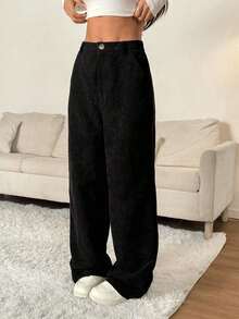 Pantalones rectos de unicolor casuales para mujer - Negro 2 - Ver 3