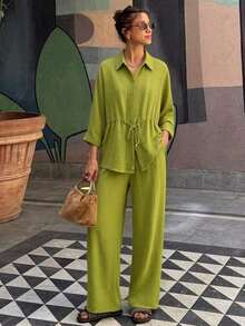 Conjunto de 2 piezas para mujer, unicolor, blusa casual holgada con cuello vuelto y cordón, manga 7/8 + pantalones de pierna ancha con cintura elástica, para verano - Verde Oliva - Ver 6