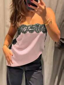 Top tipo camiseta de estilo callejero de moda para mujer, camisola de satén con parches de encaje floral, elegante top sin espalda sin mangas con tirantes finos, camisola sexy con encaje y tela tejida de unicolor para uso diario y salidas de verano - Rosa - Ver 8
