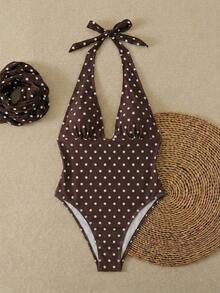 Traje de baño de dos piezas de mujer con lunares sexy, diseño retorcido y asimétrico con espalda descubierta de gasa, traje de baño de una pieza para vacaciones en la playa en verano - Café integral - Ver 2