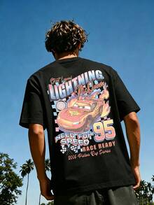 Men's Disney Cars Lightning McQueen Tee, Retro Racing Print, Casual Fit, Streetwear Style. - 黑色 - 查看 1