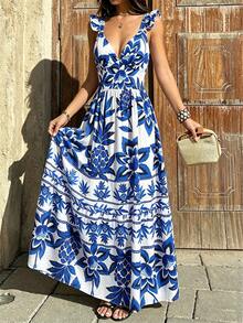 Amore Women's Summer Blue And White Tropical Flower Pineapple Printed Strap Top Long Dress With V-Neck And Ruffle Edge, Cinched Waist For Slimming, Suitable For Beach, Island, Beach, Travel Check-In, Vacation, Light Party, Tropical Style Dressing, Summer Dress,Festival Dresses,Elegant Dresses For Party,Wedding Guest Dress For Women,Beach Dress,Casual Dresses For Women,Vacation Outfits Women - Blue and White - View 3