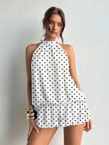 casual de verano para mujer con cuello halter, unicolor y volantes en el bajo - Blanco 2 - Ver 4