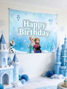 Disney 迪士尼冰雪奇缘生日快乐背景幕布，艾莎和安娜冰雪城堡横幅，适用于派对摄影和装饰，这款冰雪奇缘主题生日背景幕布将您的庆祝活动变成迷人的阿伦黛尔仙境，是您特别日子里的完美中心装饰。背景幕布上印有艾莎、安娜、雪宝、克里斯托夫和驯鹿斯文，背景是令人叹为观止的冰蓝色天空。 - 背景 - 查看 2