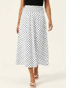 Women Dot Print Skirts Loose Smocked High Rise Side Tie-Up A-Line Ankle Length Skirt For Summer Spring - White - View 1