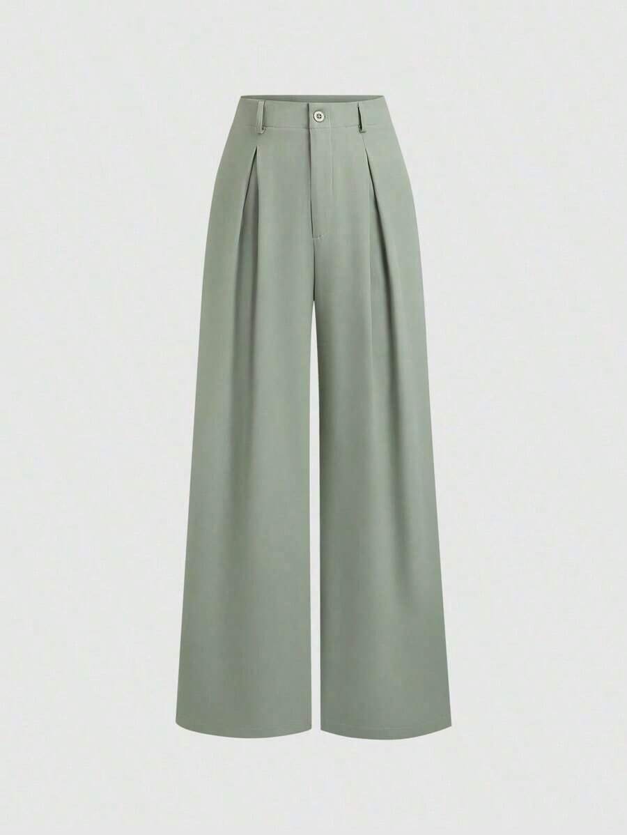 Pantalones anchos de mujer vintage elegantes con textura y plisados, para otoño/invierno - Verde - Ver 1
