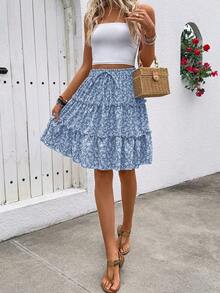 Falda de línea A con volantes y estampado floral de primavera/verano - Blanco - Ver 6