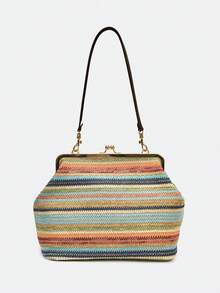 Túi đeo vai nữ kiểu Bohemian kẻ sọc bằng sợi raffia, khóa cài kiểu nụ hôn, túi xách cầm tay khung dệt mùa hè đi biển. - Nhiều màu - Xem 5