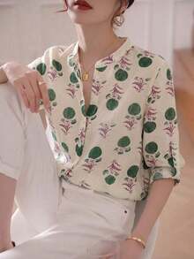 Blusa de mujer de manga 3/4 con cuello alto, estampado floral acuarela azul grisáceo| Blusa de ajuste ceñido, transpirable, de manga acampanada, para oficina/vacaciones, primavera/verano - hojas verdes - Ver 8