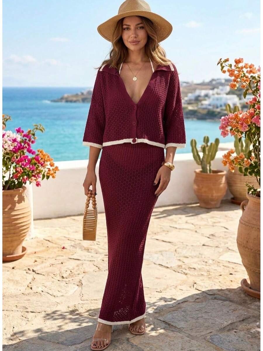 Women's Vacation Contrast Color Single-Breasted Knit Cover Up - Burgundy - View 1