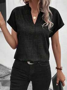 Camisa casual de mujer de manga corta con cuello entallado de unicolor, para verano - Negro - Ver 3