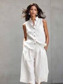 New 2026 Two Piece European Style Set Sleeveless Vest Cotton Linen - White - View 2