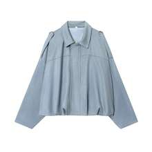 Chaqueta casual suelta de manga larga de ante sintético de un solo pecho para mujer, adecuada para usar en primavera. Chaqueta militar corta de mujer con botones de metal en los bolsillos, adecuada para usar en primavera y otoño. - Azul - Ver 7
