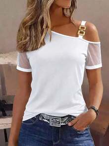 Camiseta de manga corta con hombro asimétrico, empalme de malla, casual de vacaciones, nueva primavera/verano 2026 para mujer - Blanco - Ver 9