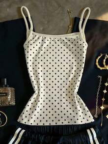 Camiseta de mujer de verano de cuello redondo, ajustada, con estampado de lunares - Beis - Ver 2