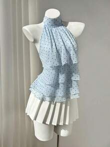 Blusa elegante sin mangas con cuello de tortuga, volantes y lunares para el verano - Azul - Ver 3