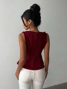 sin mangas elegante para ir a la oficina, diseño minimalista, casual de negocios para mujer, ropa de oficina, salir, para maestras, blusa casual para mujer, blusa social para mujer - Burdeos - Ver 2