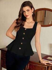 Blusa de mujer vintage, elegante y clásica, con cierre de botones metálicos con forma de flor, blusa sin mangas blanca, para primavera/verano - Negro - Ver 6