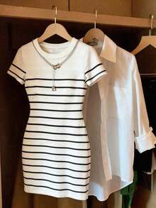 Vestido mini casual de mujer con rayas, de verano - Blanco - Ver 2
