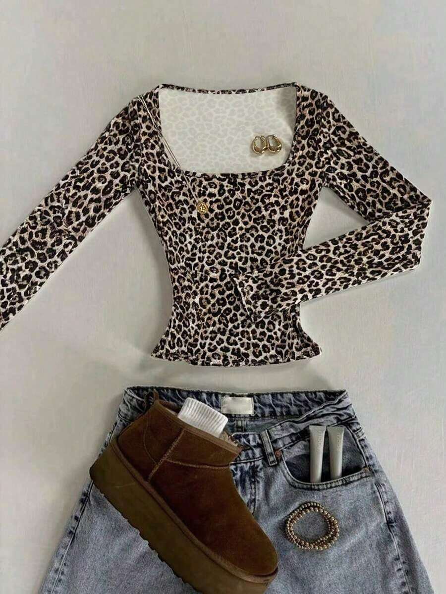 Clásica camiseta de manga larga de cuello cuadrado ajustada con estampado de leopardo en negro y marrón claro, estampado animal, adecuada para las cuatro estaciones, camiseta de moda, regalo para hermanos y hermanas, regalo para el Día de la Madre - Multicolor - Ver 1