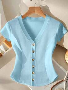 Camiseta de mujer de punto con cuello en V profundo, manga corta, cintura ceñida, abertura frontal con botones metálicos, elegante, romántica, casual, para uso diario, trabajo, cena, primavera/verano - Azul - Ver 7