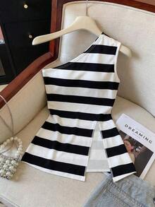 Blusa casual de vacaciones para mujer con estampado de lunares, sin mangas y con bajo dividido - Multicolor 3 - Ver 1